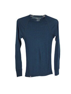 Ibex Woolies 1 Men's Large Merino Wool Base Layer Shirt Blue Green Striped FLAW